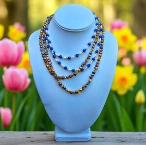 Blue Gemstone White Rice Pearl Gold Purple Peaco Pearl Beaded Necklace Bundle
